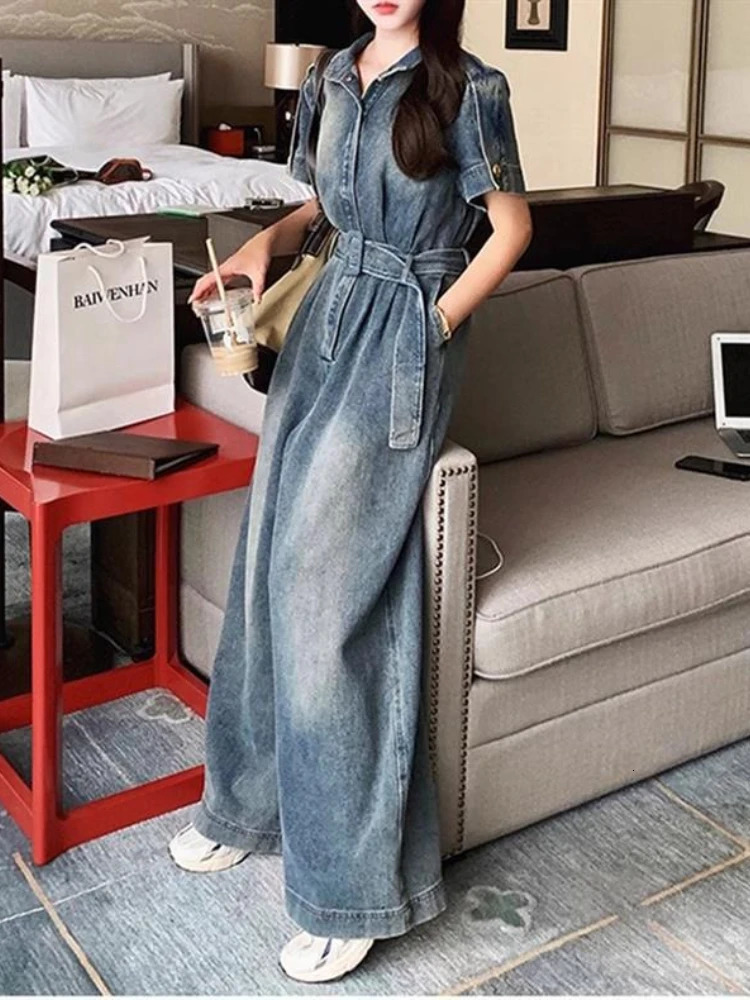 Women Vintage Street Wear Hip Hop Loose WideLeg One Piece Long Sets Jeans Romper in Summer Overalls Short Sleeve Jumpsuit 250604