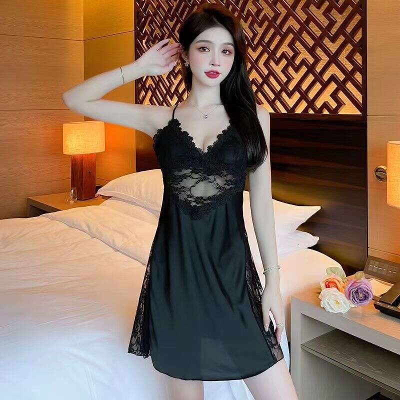 Sexy Strap Nightdress New Women's Summer Pure Desire Style Ice Silk Backless Hollow Out Lingerie Sleepwear Robe Two-Piece Set