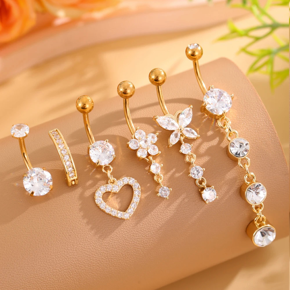 6pcs Gold Color Heart Butterfly Flower Belly Button Rings Sets 14g Curved Long Dangled Belly Piercing Stainless Steel Navel Ring 250530