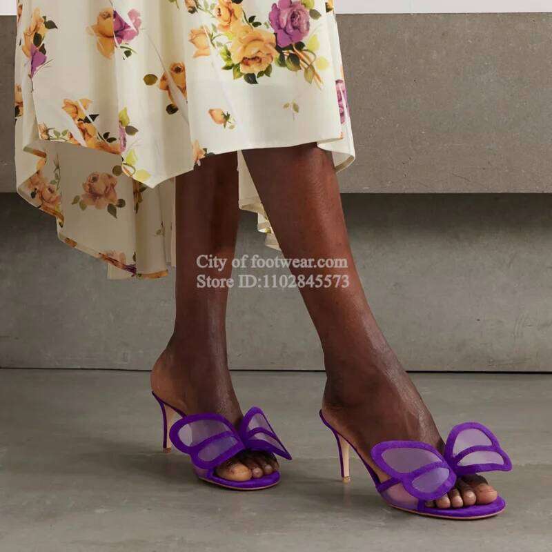 Sexy Mesh Purple Butterfly High Heels Mules Summer New in Suede Women's Slippers Design Party Causal Dress Shoes