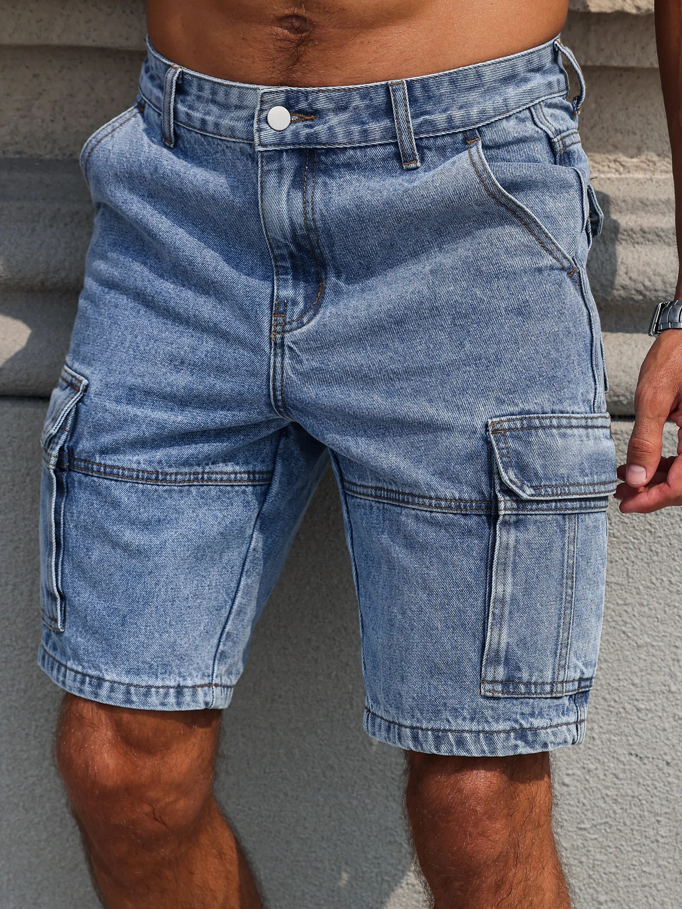 Mens summer blue regular denim shorts. Multi-pocket . Stylish and casual. 250604
