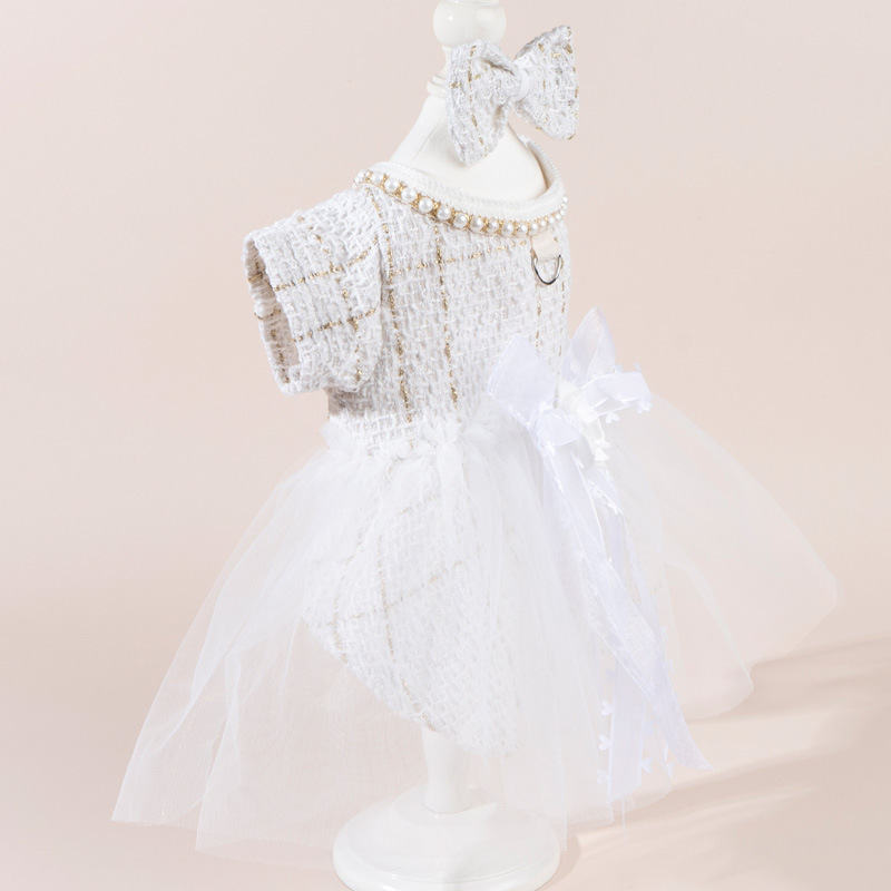 Tweed Dog Dresses with Leash Ring, Pearls Dog Wedding Dress, Bow Flower Puppy Clothes for Small Pet Girl Multi-Layer Lace Tutu Cat Outfit for Kitten C