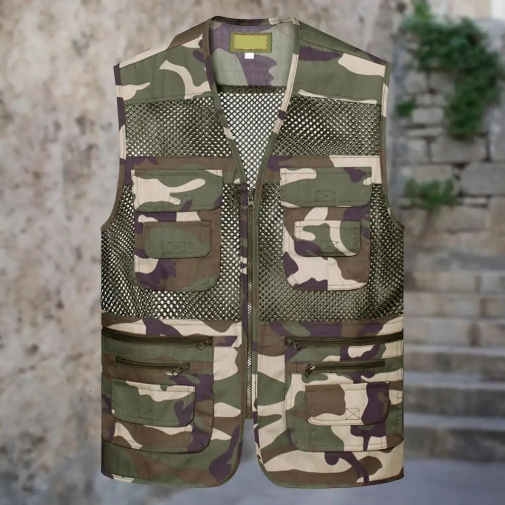 Summer Men Vest Coat Hollow Out Mesh Zipper Clre Multipocket Jacket Lightweight Sleeveless Male Waistcoat For Work Wear 250605Z