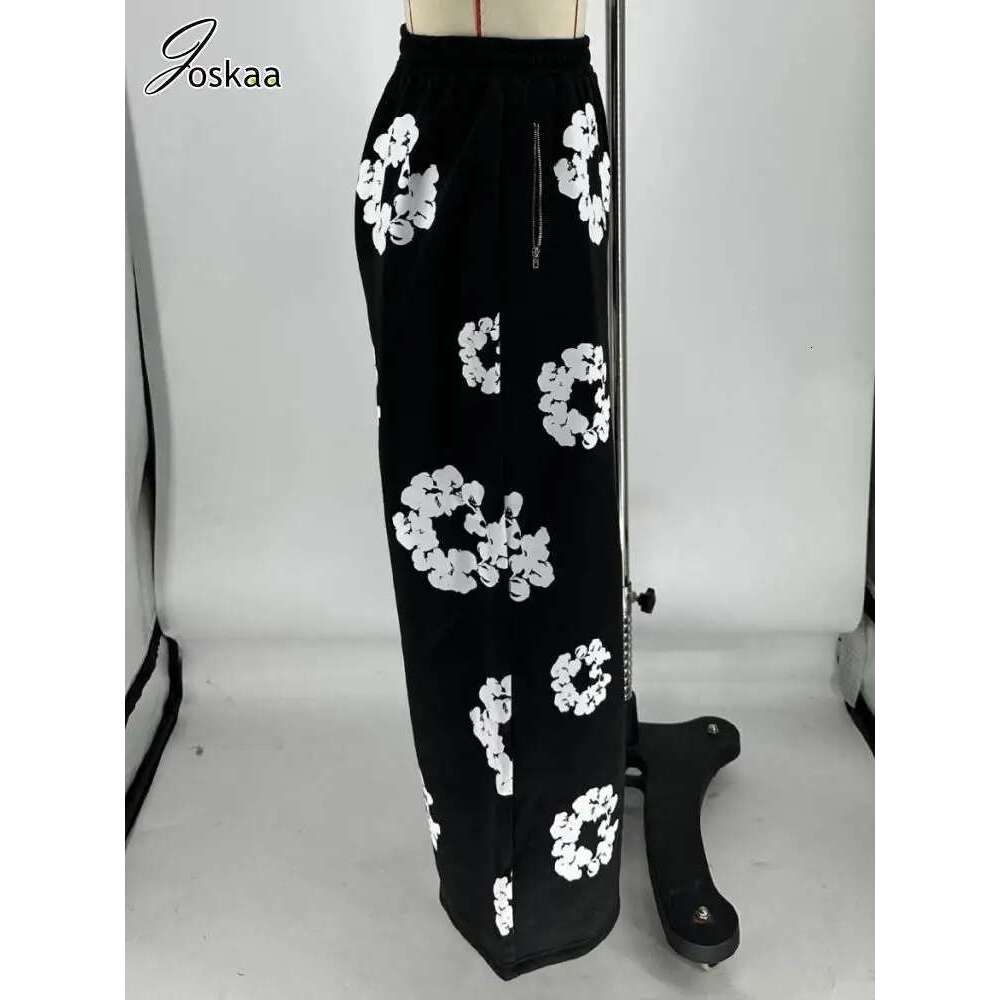 Joskaa Printed Casual Fleece Baggy Trousers Women Hipster Elastic Waist Straight Leg Black Pants 2024 Female Bottoms Streetwear
