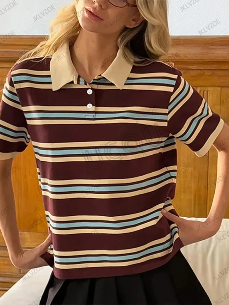 Summer Casual Striped Polo Shirt Vintage Short Sleeve Lapel Tops Fashion Oversized Loose Streetwear Y2K Tees 250604
