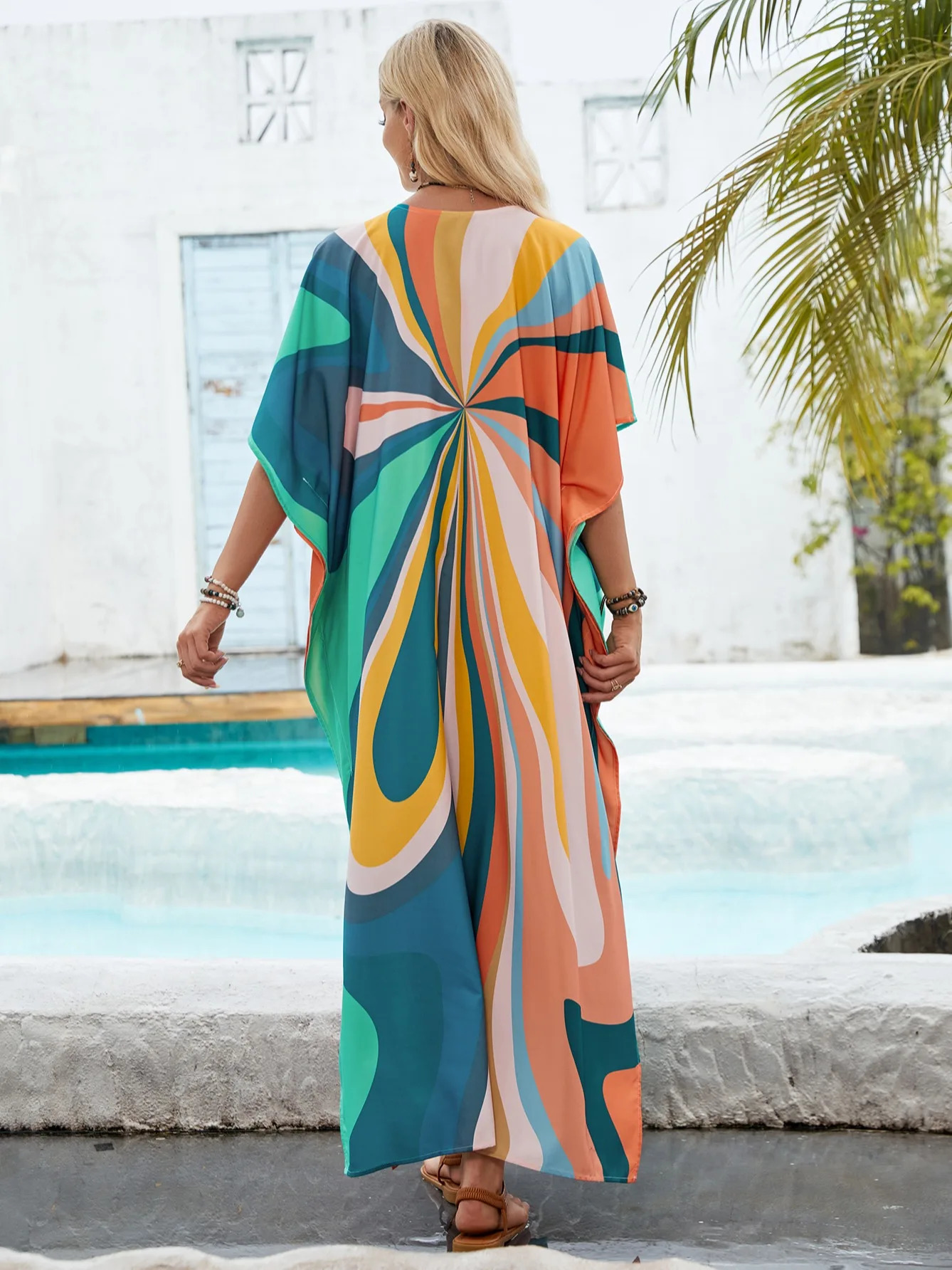 Beach Cover Ups for Swimwear Women Kaftans Colorful Geometric Handmade Waved Maxi Dresses Summer Holiday Bathing Suits 250604