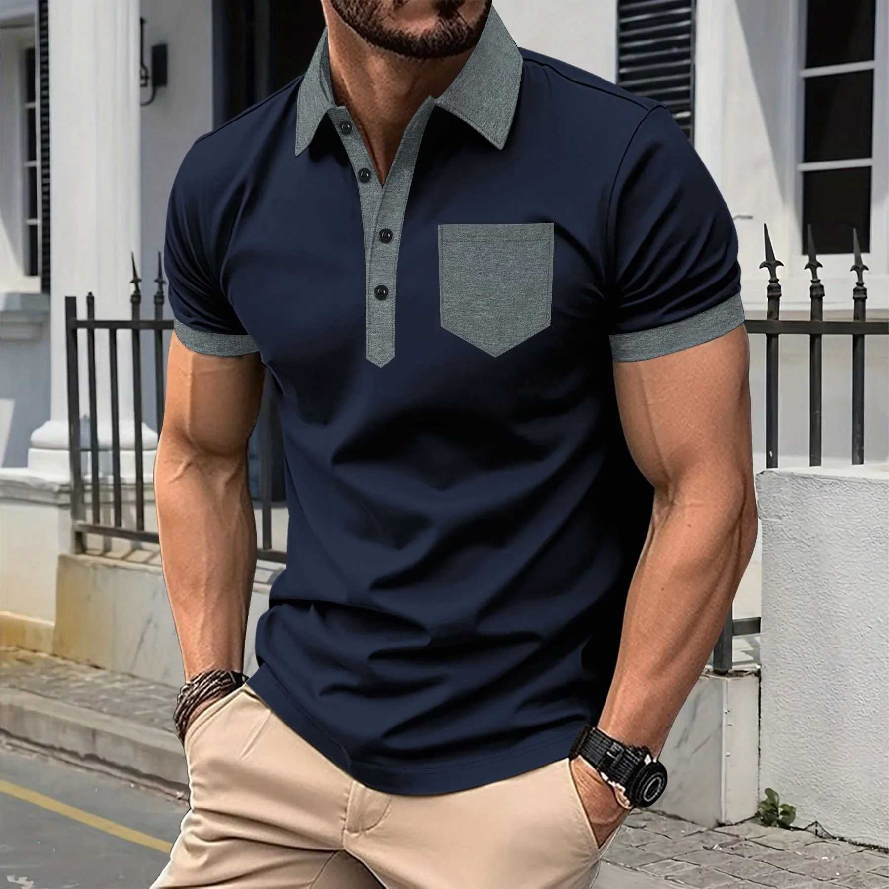 2025 New Cross-border Mens Casual POLO Shirt with Chest Pocket Lapel Button Color Block T-shirt Top XJ250605