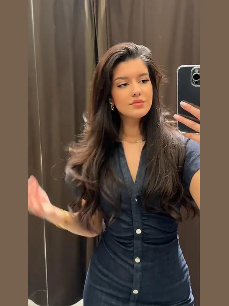 Elegant Pleated Women Denim Dress Turn-down Collar Single Breasted Slim Female Long Dresses 2025 Summer Fashion Lady Robe 250529