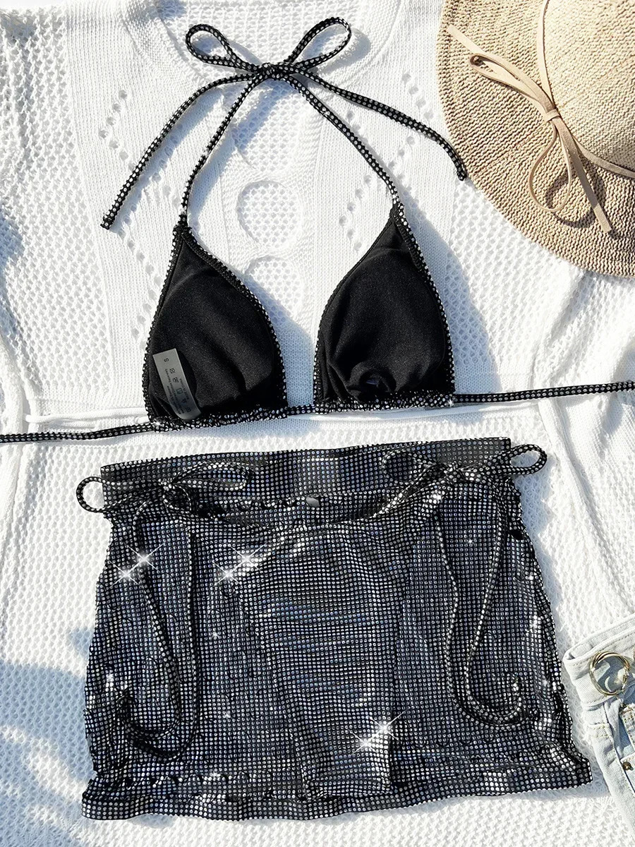 with Sarong Skirt Shiny Sequins Halter Bikini Women Swimwear Female Swimsuit Threepieces Set Bathing Suit Swim Beachwear 250604