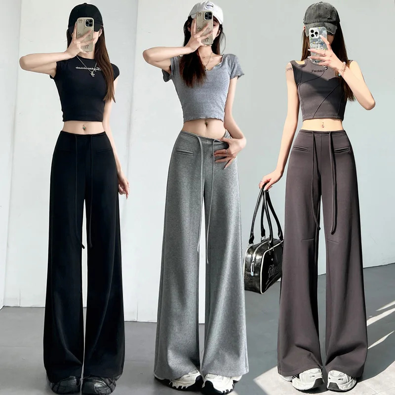 Womens American style spicy girl loose casual straight leg sports pants with front pocket n and hanging wide pants 250604