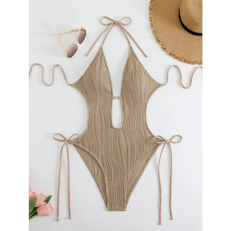 Sexy Halter V Neck Ruched Swimwear Women Hollow Out Bandage Backless One Piece Swimsuit Solid High Leg Cut Bathing Suit 250604