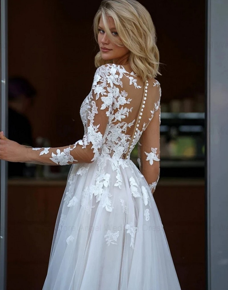 2025 Elegant A-Line Lace Wedding Dress Women Scoop Neck Long Sleeves Applique Bride Bridal Gowns Button Plus Size Vestidos De Novia
