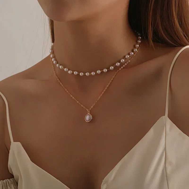 2025 New Womens Pearl Necklace Kpop Gold Color Beads Pendant Necklaces Goth Double Layer Chain Choker for Women Fashion Jewelry XJ250604