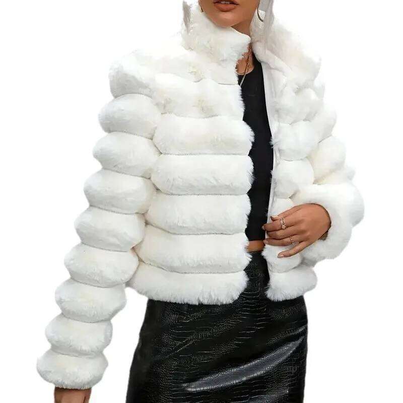 S-3XL Light Winter Warm Open Slim Plush Jacket Women 3D Striped Faux Fur Cardigan Ladies Thick Short Coat