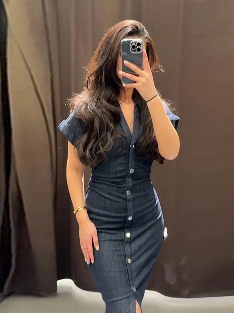 Elegant Pleated Women Denim Dress Turn-down Collar Single Breasted Slim Female Long Dresses 2025 Summer Fashion Lady Robe 250529