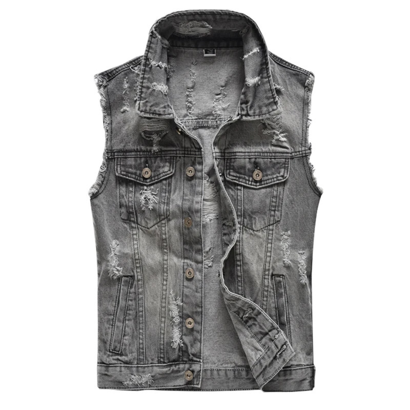 Mens gray holes ripped jean vest Slim sleeveless fringe denim tank top Fashion waistcoat 250605Z