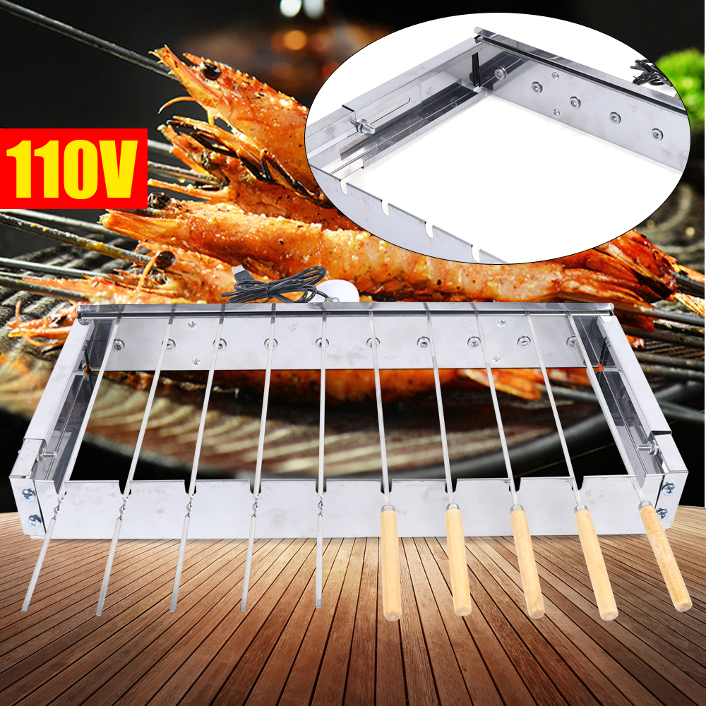 10 Holes Automatic Rotating Skewer Turner, Outdoors Portable Automatic BBQ Flipping Rotating Rotisserie Grill Skewer Shelf, Stainless Steel Adjusted W