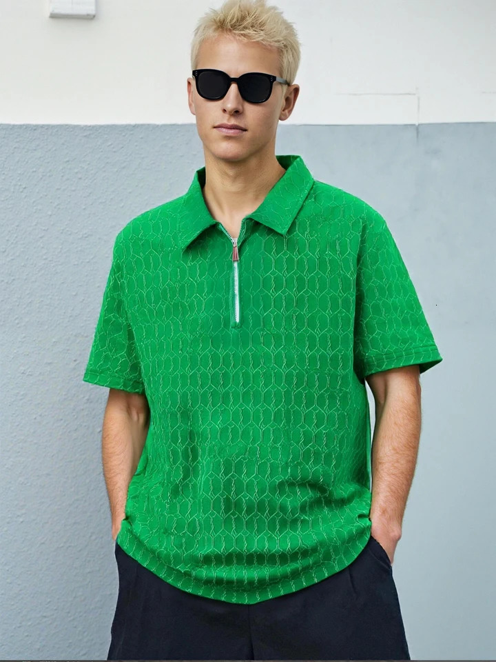 SpringSummer Mens Polo Shirt Checkered Pattern Zipper Decoration Lapel Solid Color Clothing Short Sleeve Tee 250527
