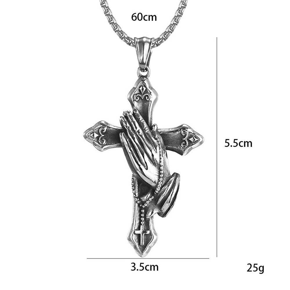 Vintage Praying Hands Cross Pendant Necklace hip-hop Stainless Steel Chain Neck Accessories Hip Hop Rock Jewelry 2025 Gifts XJ250604