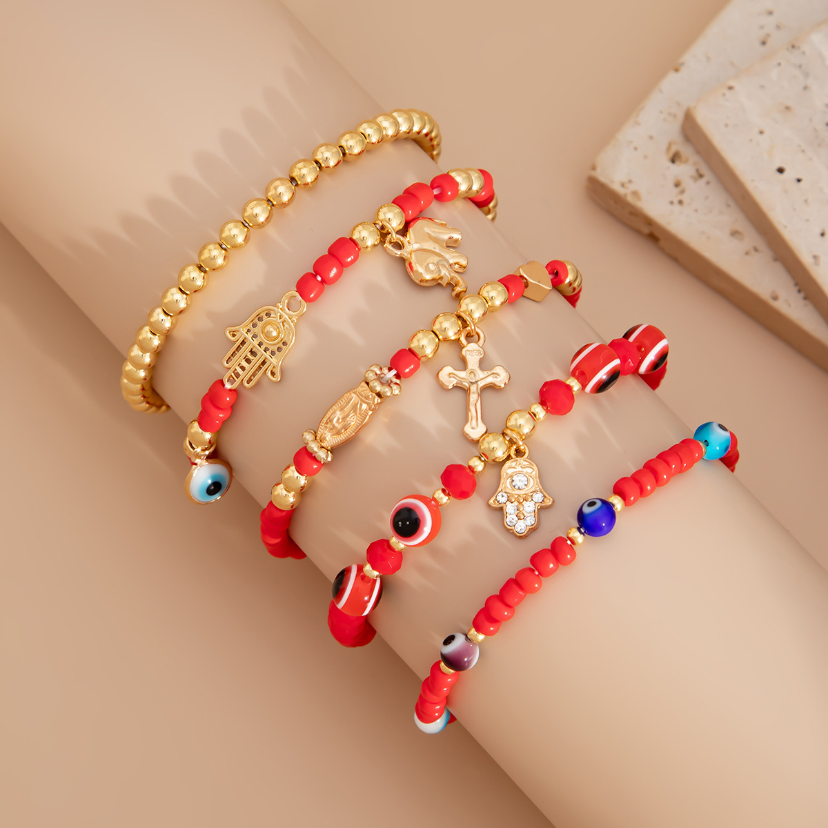 Bohemian Vacation Beaded Bracelet Set Colorful Beads and Pearl Cross Fashion Accessories for Women Gift