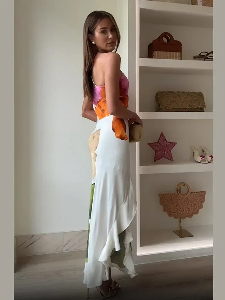 Elegant Floral Irregular Maxi Dresses Women Sleeveless Skew Neck Off Shoulder Slim Dress Summer Party High Street Wear 250604