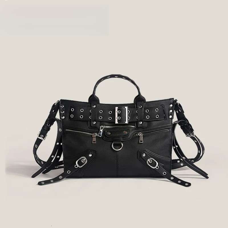 Women Black Goth 2024 Fashion Woman Ladies Moto And Biker Style Shoulder Rivet Belt Large Capacity Tote Bag