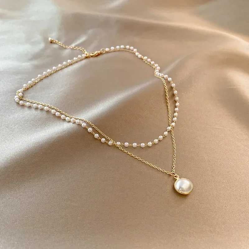 2025 New Womens Pearl Necklace Kpop Gold Color Beads Pendant Necklaces Goth Double Layer Chain Choker for Women Fashion Jewelry XJ250604