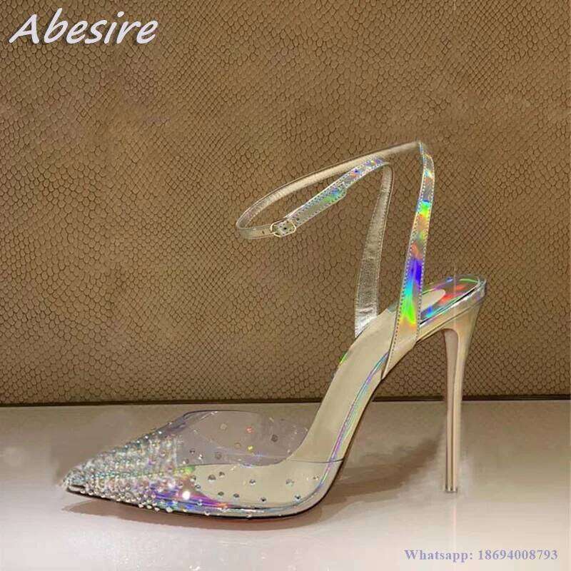 Abesire New PVC Sandals Pointed Toe Buckle High Heels Summer Shoes For Women Stilettos Clear Crystal Pumps