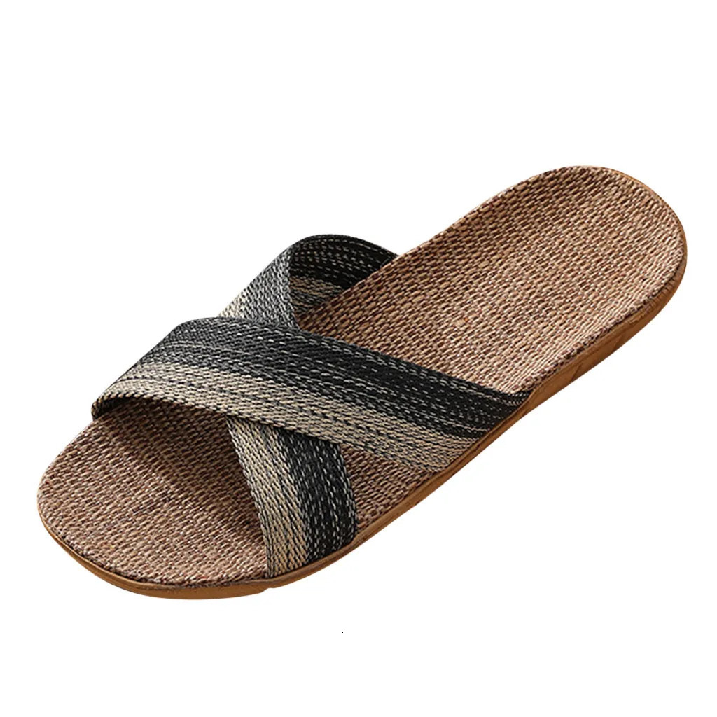 Men Shoes Slippers Linen Home Indoor Open Toe Flat Shoe Beach Slippers Striped Spliced Rubber Sandals Zapatillas Hombre 250605