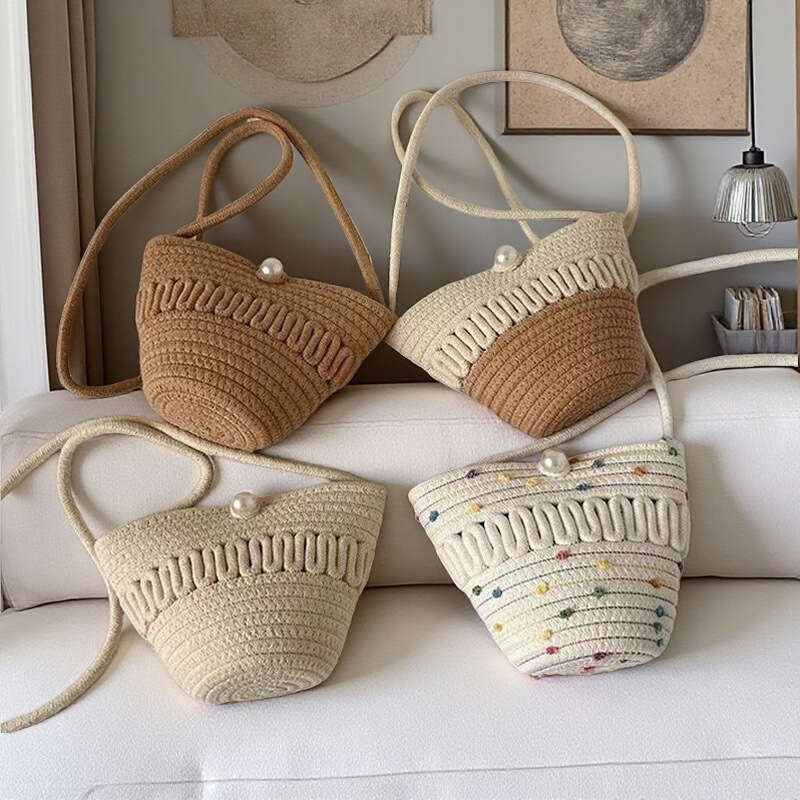 Crossbody Straw Phone Coin Key Hollow Cotton Thread Woven Casual Cute Women's Bag