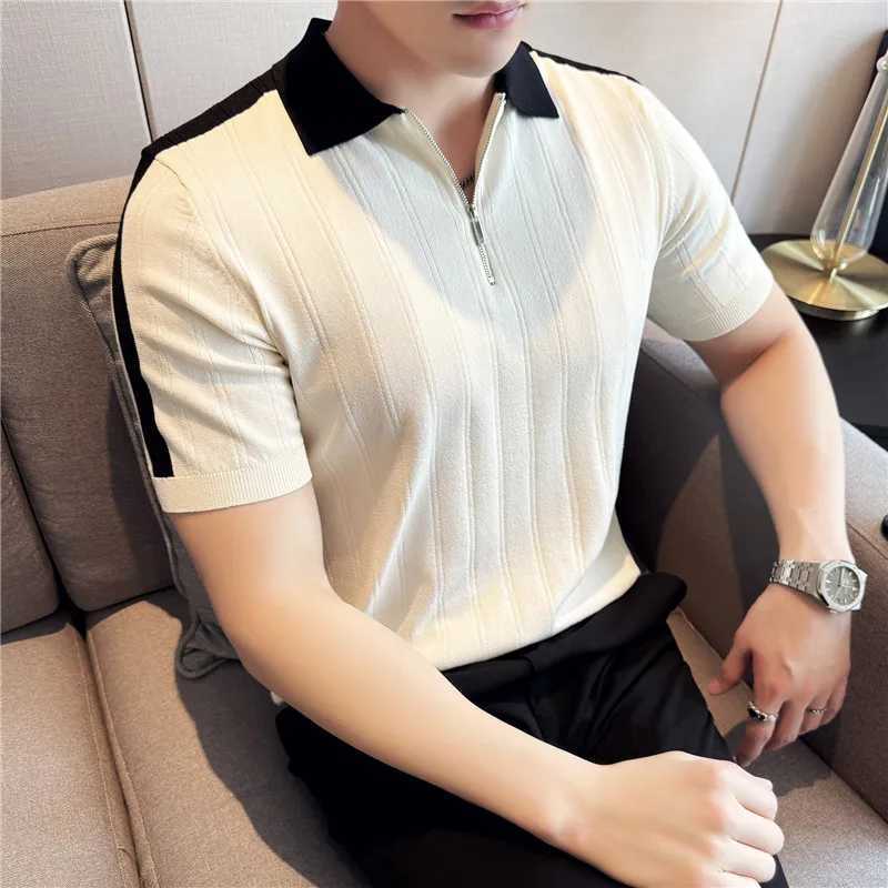 Men Knitted Polo Shirt British Style Summer Light Thin Short Sleeved Daily Wear Top Casual Striped Lapel T Shirt Men Clothing XJ250605