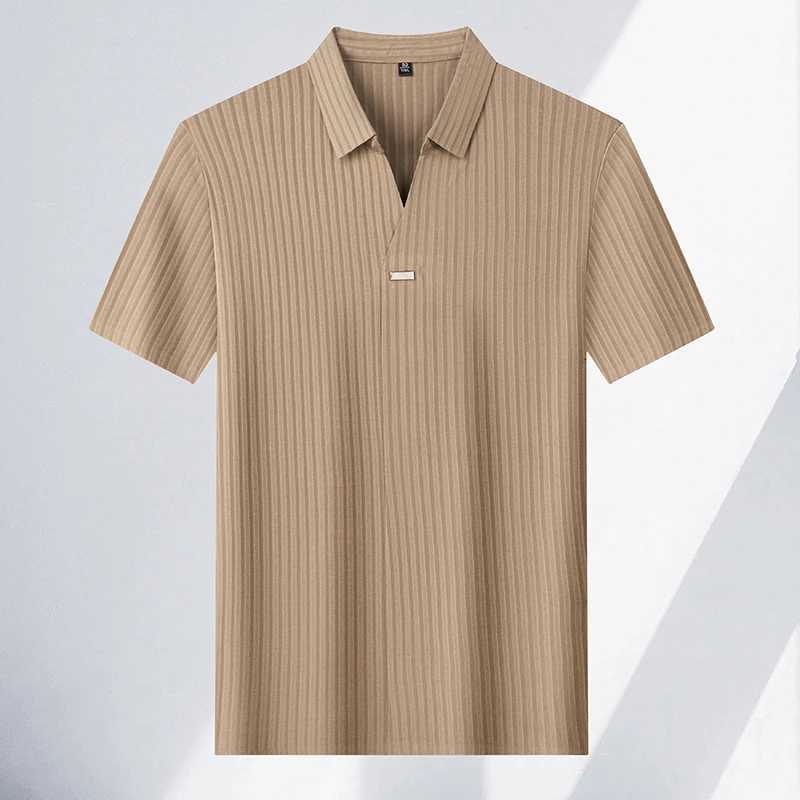 High quality personality texture striped short sleeve polo shirt summer ice silk breathable buttonless mens solid color T-shirt XJ250605