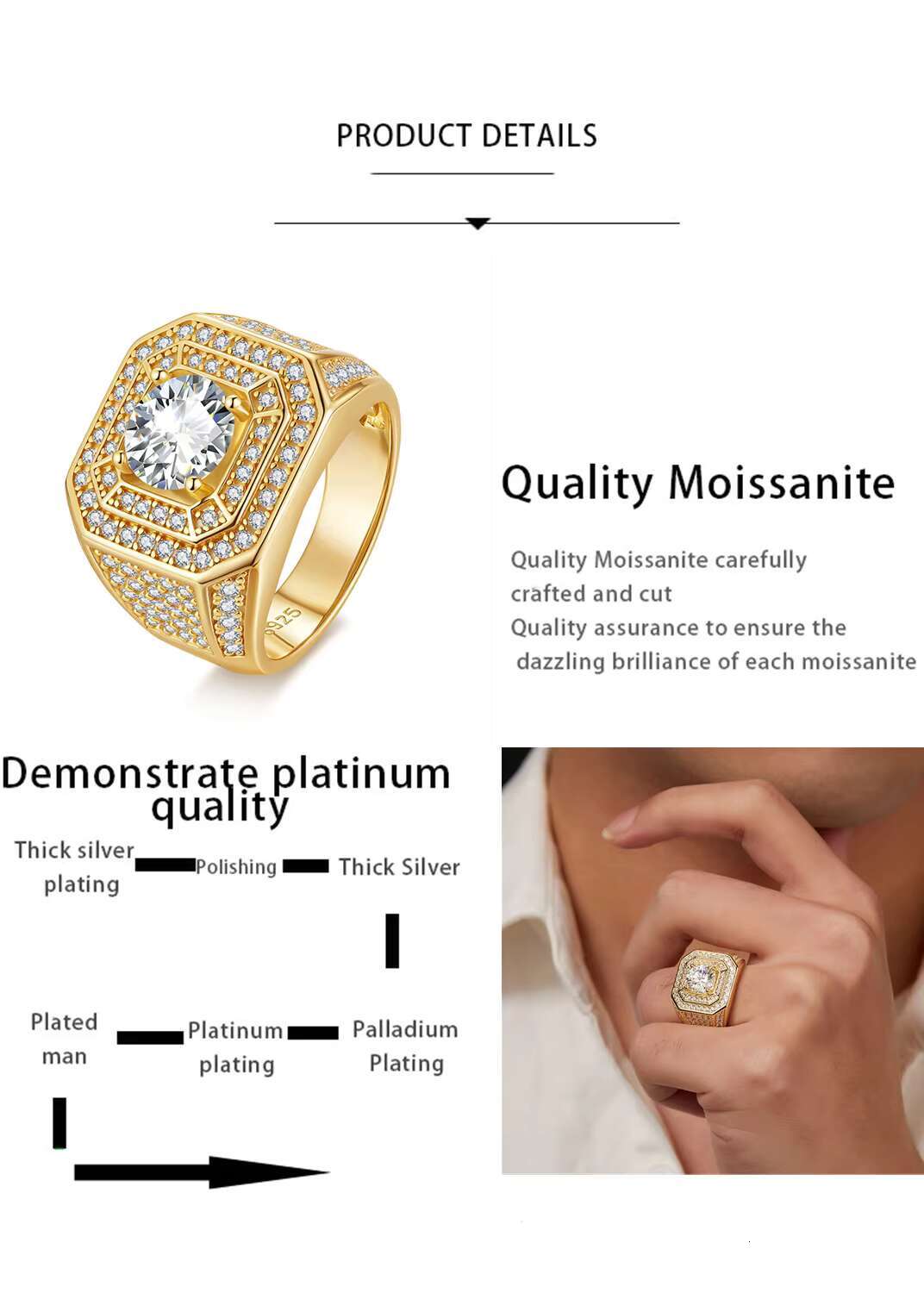 Luxury Hip Hop D Vvs Color Moissanite Diamond Ring 2Carat Round Cut 925 Sterling Silver Moissanite Wedding Ring Men