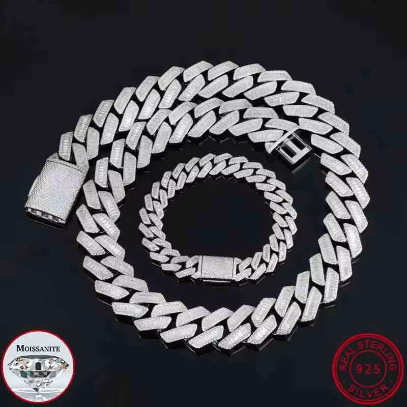 High Quality Unisex Geometry Iced Out Baguette VVS1 Moissanite Cuban Chain Necklace 925 Silver For Men Hip Hop Jewelry