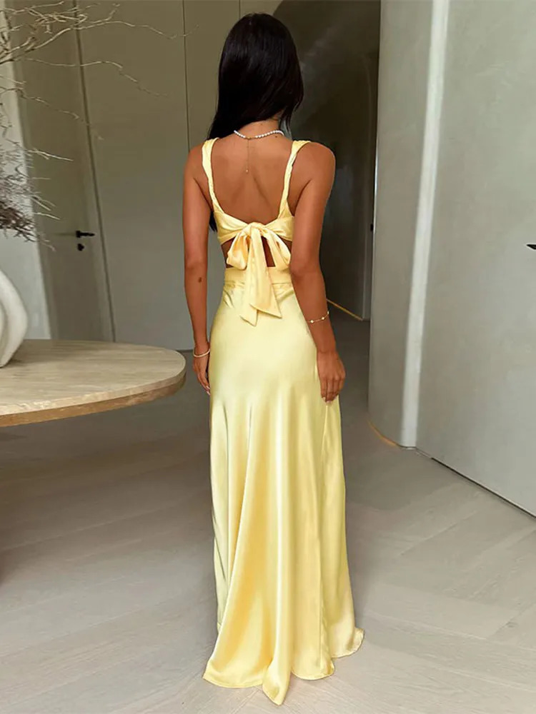 2025 Summer Women Yellow Stain Maxi Dresses Elegant Sling Backless Hollow Out V-neck Sleeveless Gown Beach Wedding Vacation Wear 250604