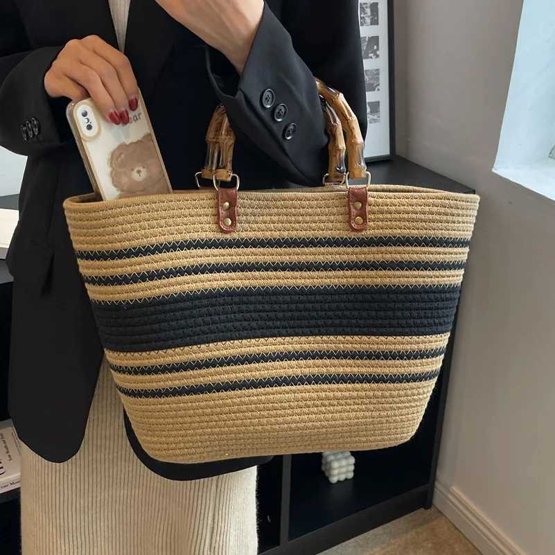 Vintage Knitted Bag Womens Cotton Striped Weaving Bamboo Handle Large Capacity Weaving Handbag Weaving Tote Bag XJ250605