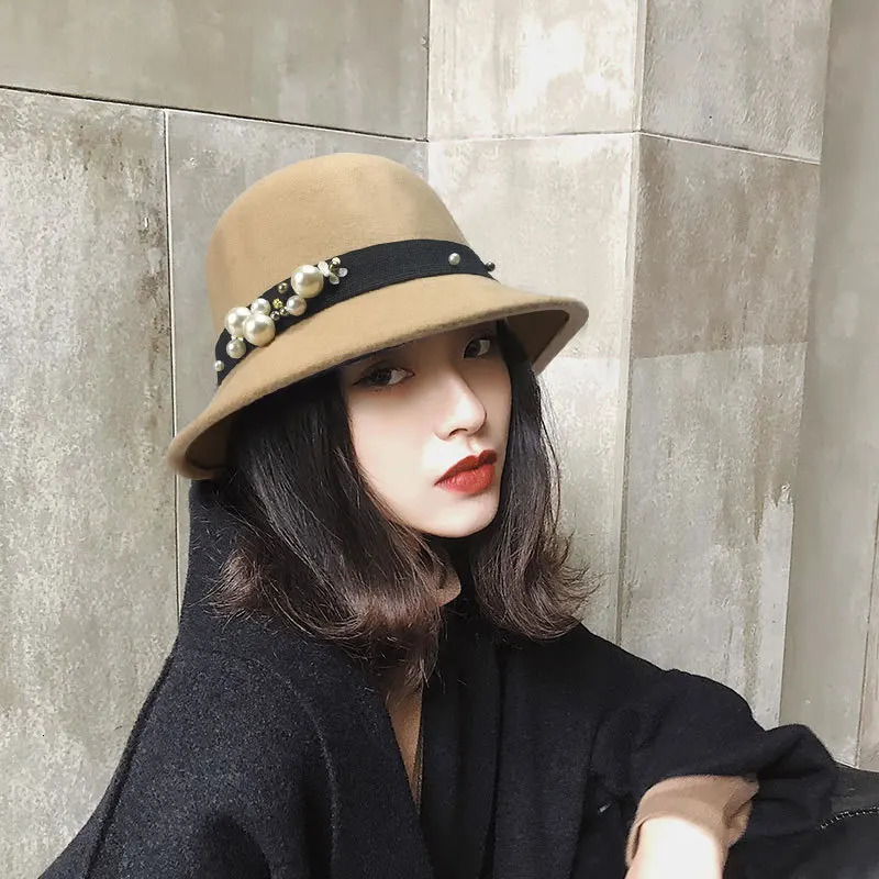 Vintage Ladies Brim Bucket Hat Elegant Women Round Bowler Cap Wool Pearl Fedoras Hat 250605
