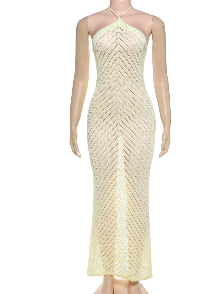 Weird Puss Sexy Crochet Dress Women Vacation See Through Sleeveless Backless Skinny Stretch Beach Midnight Elegant Maxi Bodycon 250604