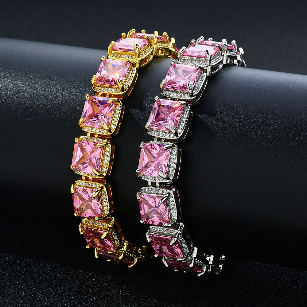 10mm Rock Candy Chain Pink Moissanite Bracelet Hip Hop Jewelry Versatile High-end Mens Bracelet