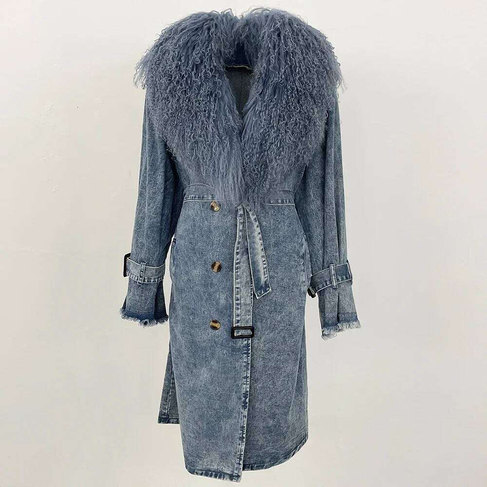 OFTBUY Fashion Mongolian Lady Spring Autumn Denim Jacket Long Trench Detachable Collar Fur Coat