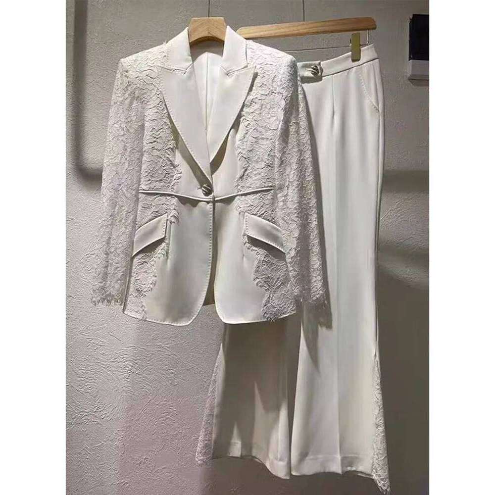 HIGH STREET Newest 2024 Runway Designer Suit Women's Lace Patchwork Single Button Blazer Flare Pants Set 2pcs