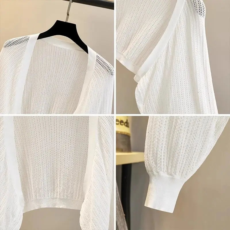 Lantern Sleeve Ice Silk Knitted Cardigan for Women Summer Thin Loose Fit Outerwear with Slip DressSun Protection CoverUp 250530