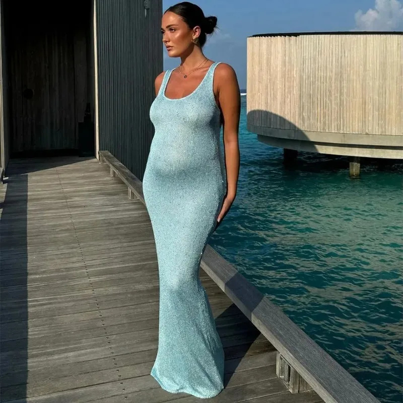 Talenza Sequin Off Shoulder Slim Maxi Dress Womens Sexy Sleeveless Glitter Dress Summer See-through Party Backless Slim Dress 250604