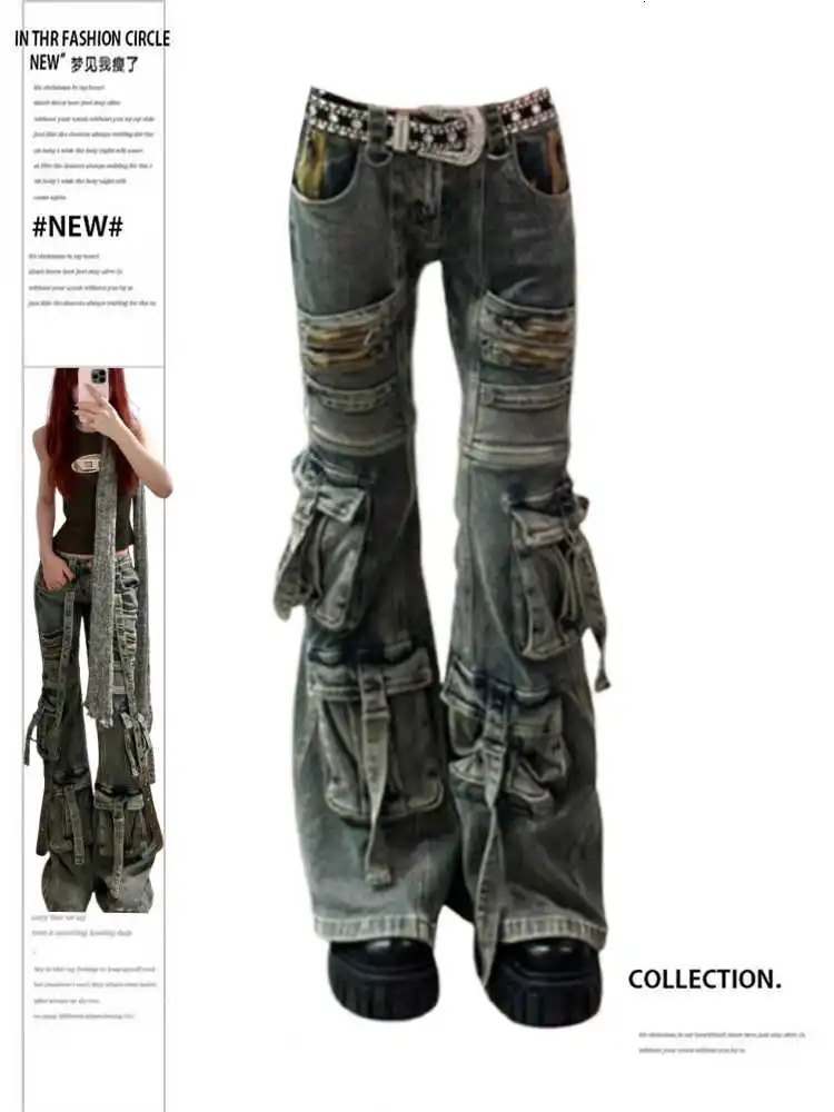 Women Abi Harajuku Y2K Streetwear Pants Low Rise Denim Goblin Core Flare Cargo Jean BellBottom Japanese Long Trouser 250604