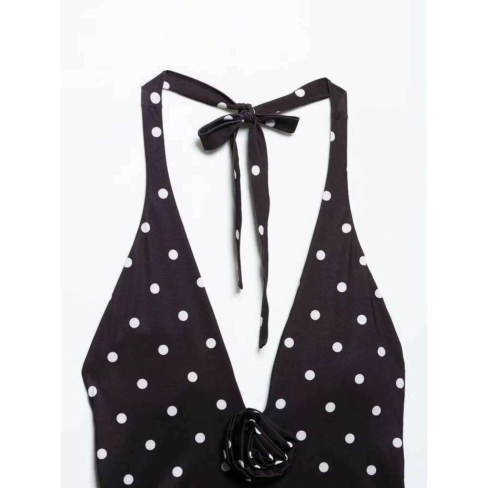 RARA Ladies Sleeveless Halter - Style Polka Dot Swimsuit with 3D Flower Decoration Trendy and Elegant Women's Swimwear