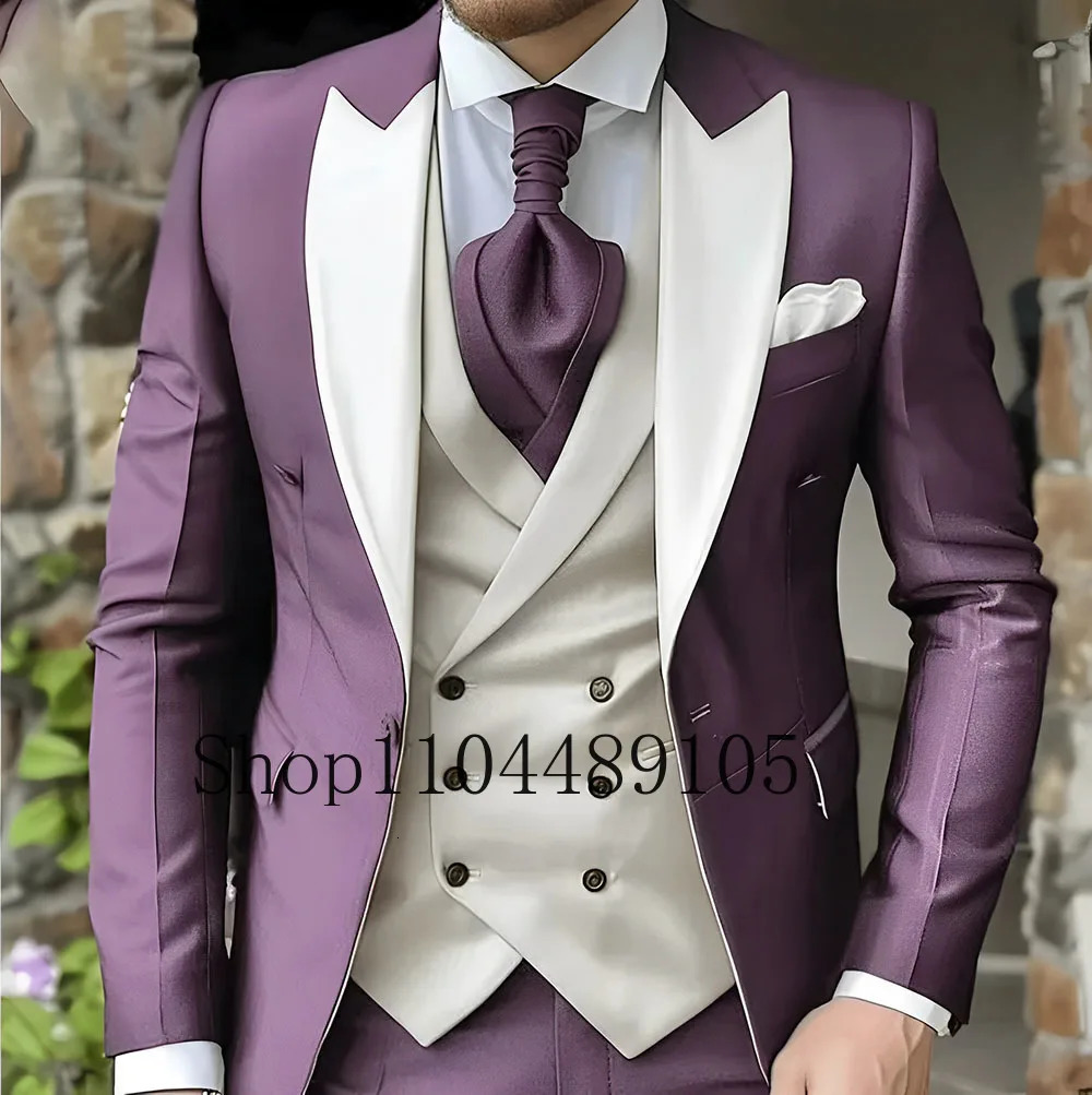 Mens Suit with Peak Lapel for Wedding Fashion Suits Tailored Three-piece Suit Pointed Collar 3 Pieces Blazer Vest and Pants Set 250530