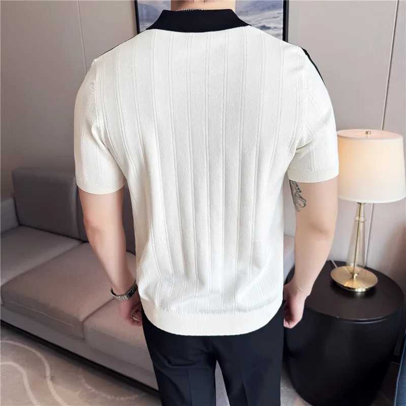 Men Knitted Polo Shirt British Style Summer Light Thin Short Sleeved Daily Wear Top Casual Striped Lapel T Shirt Men Clothing XJ250605