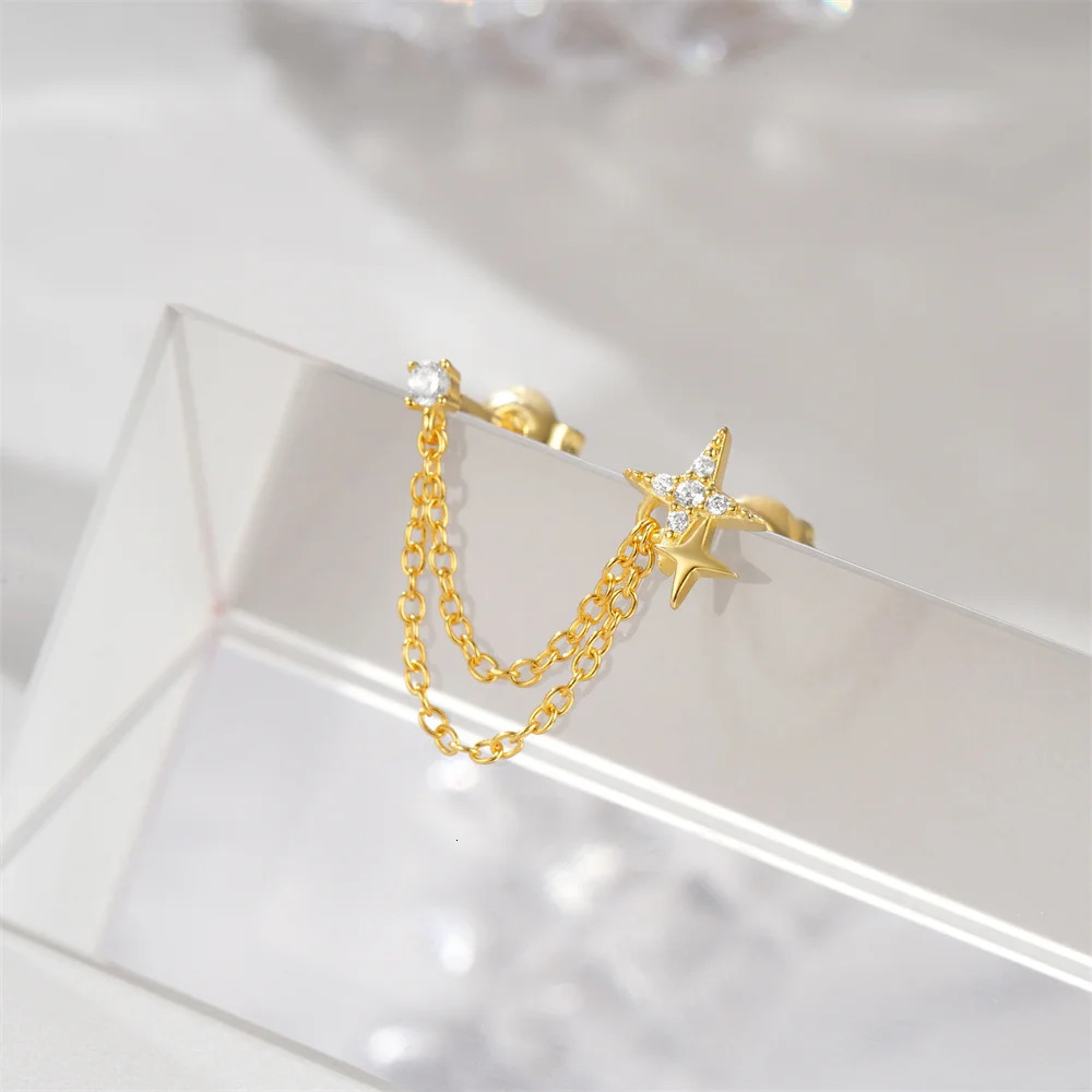 CANNER 1Pc Zirconia Tassel Stud Earrings Sterling Silver Double-Layered Chain Pendant Piercing Earrings Fine Jewelry 250604