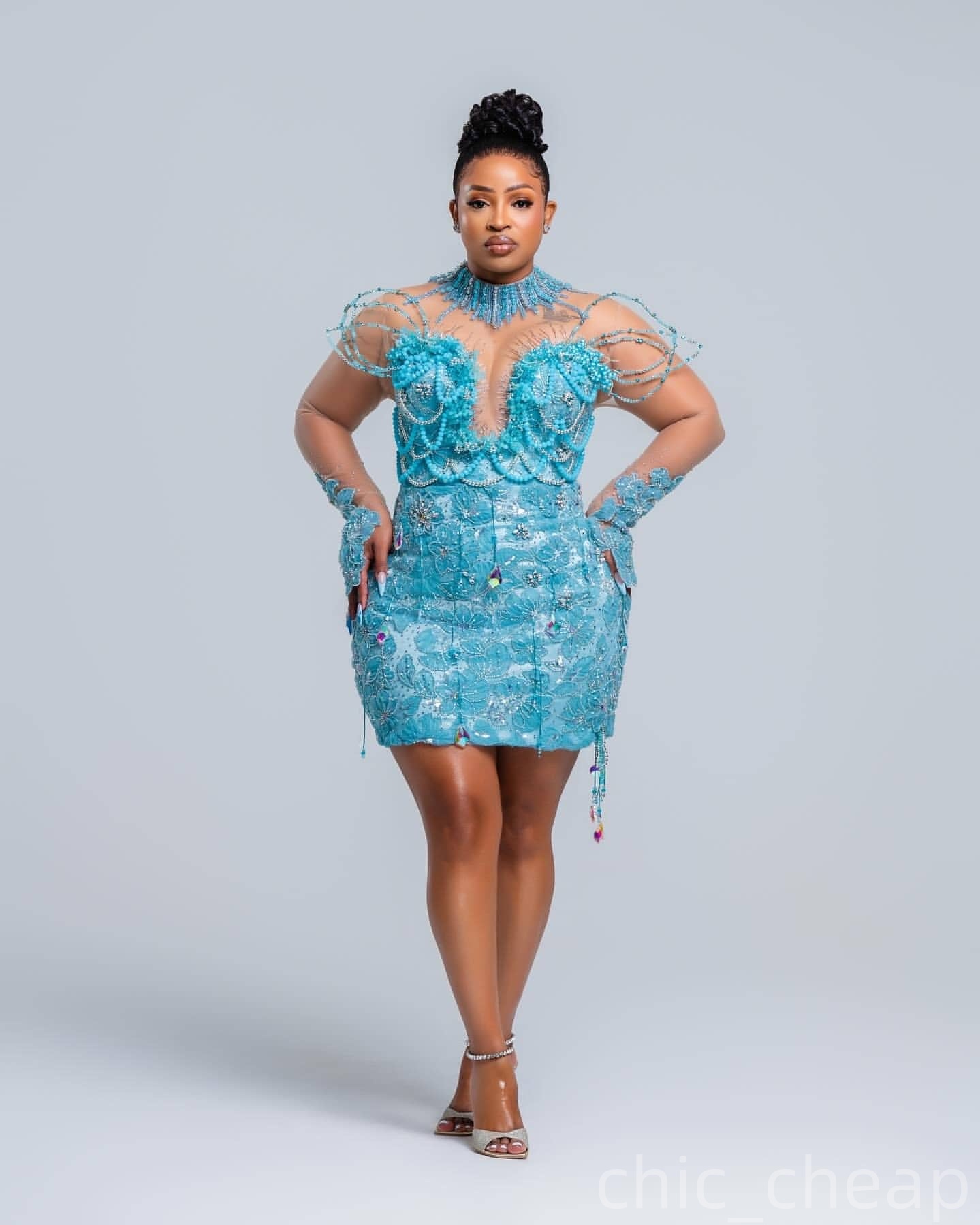 Sky Blue Sheath Cocktail Dress Pearls Crystals Floral Lace Full Sleeves Short Mini Graduation Homecoming Dresses For Special Occasions Sweetheart Gown