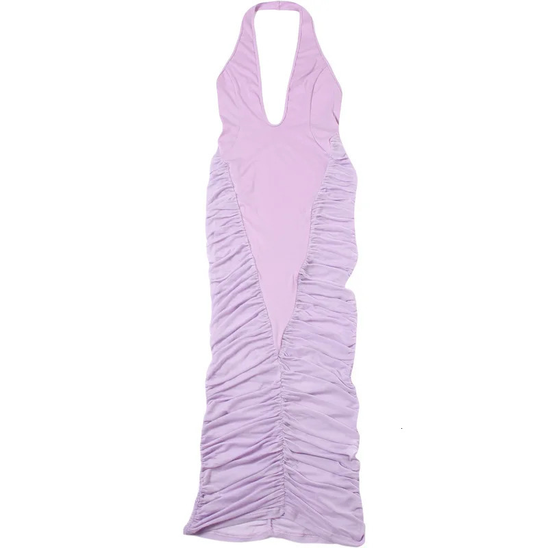 VEITCHE Summer Women Halter Deep V Neck Sexy Maxi Purple Dress Gown Patchwork Mesh High Waist Ruched Club Party Long Dress 250604